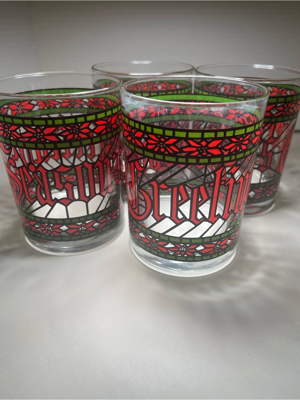 4 Vintage Houze “Season’s Greetings” high ball glass tumblers